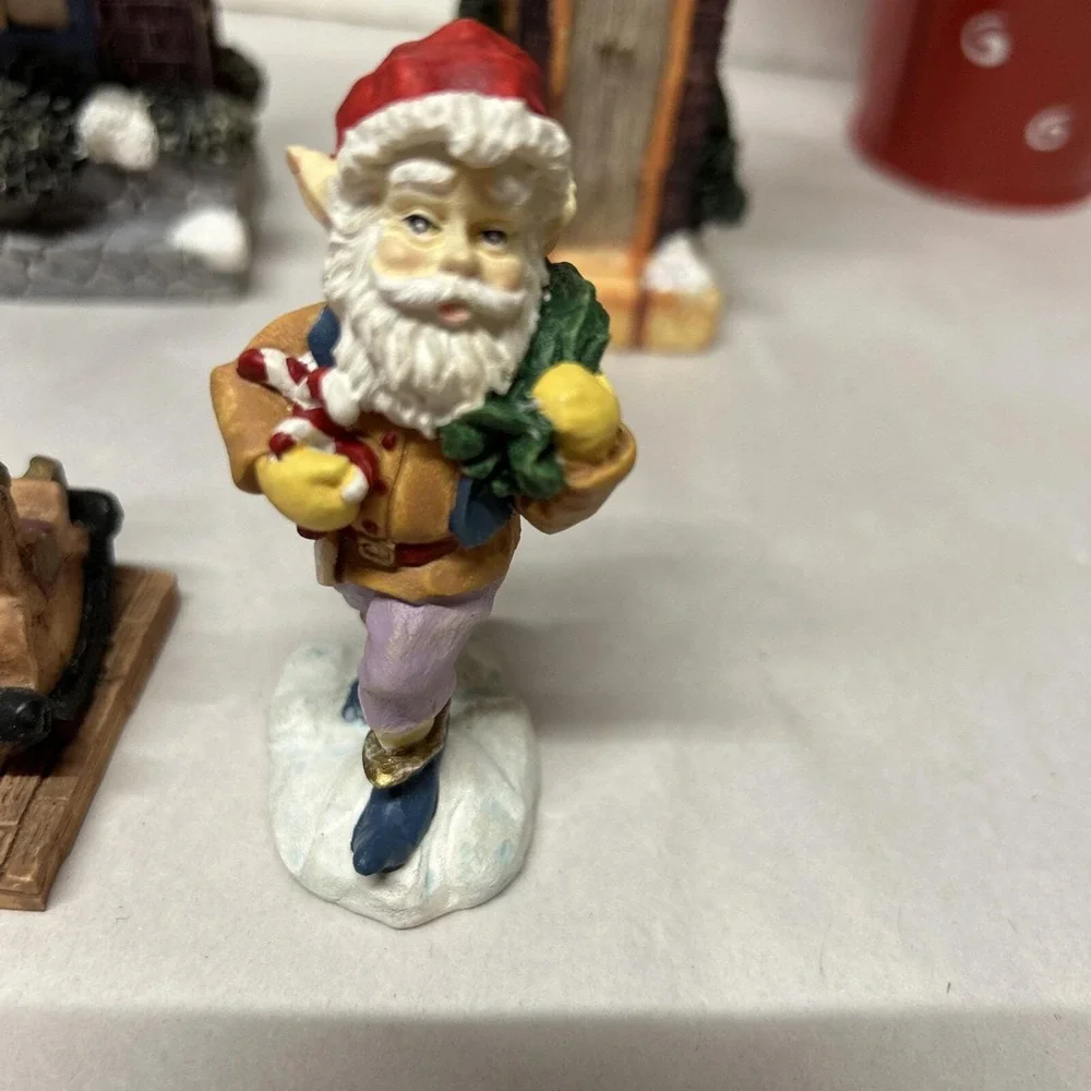 Christmas Village 4 Pieces, Two Pencil Houses, Two Elves, Resin,‎  Display